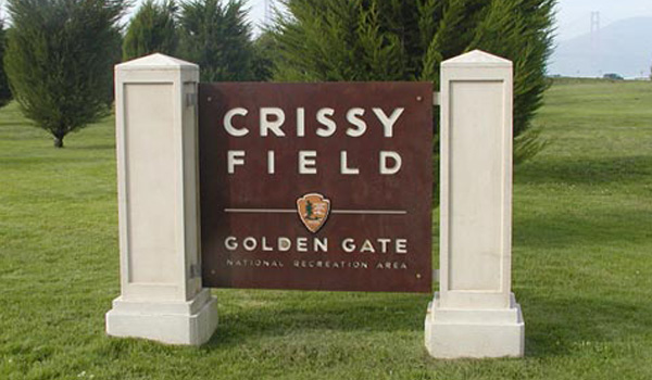 GGNRA standard.  Corten steel with corian backer. Izone plaque.  Crissy Field, SF